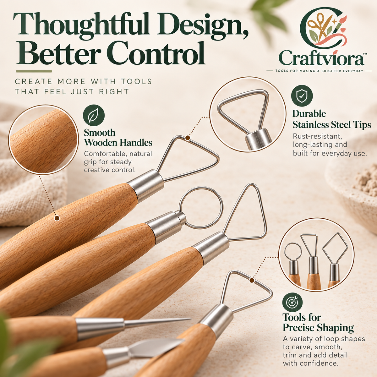 Craftviora™ Pottery Sculpting Tool Set – Clay Carving & Ceramic Shaping Tools for Handmade Pottery