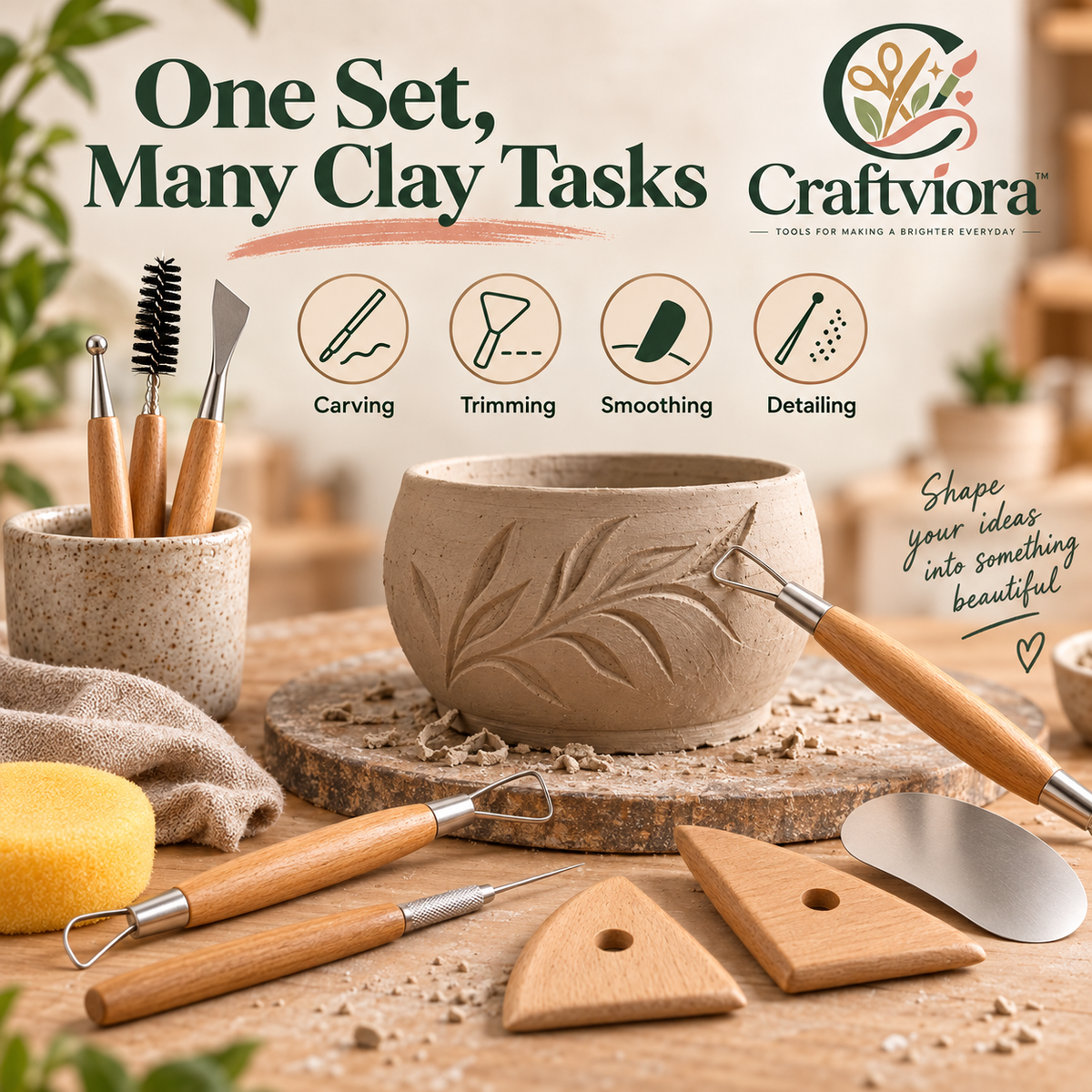 Craftviora™ Pottery Sculpting Tool Set – Clay Carving & Ceramic Shaping Tools for Handmade Pottery