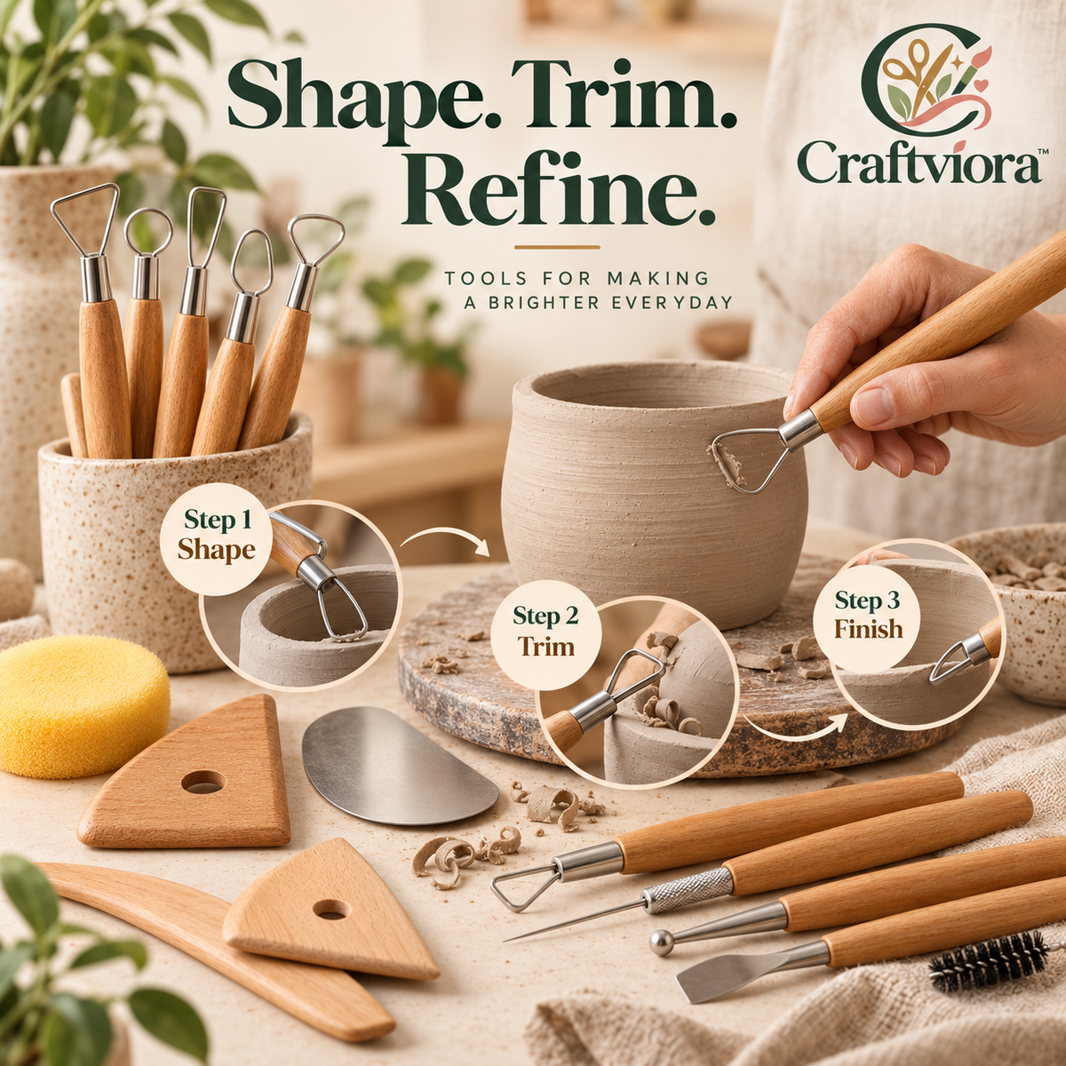 Craftviora™ Pottery Sculpting Tool Set – Clay Carving & Ceramic Shaping Tools for Handmade Pottery